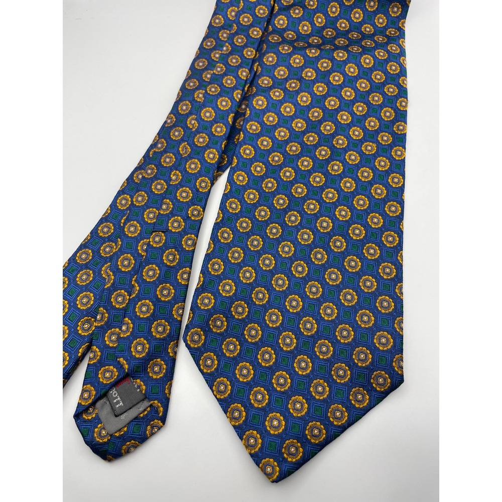 Robert Talbott for Bruce Baird Silk Tie Blue Gold Geometric Medallion Hand Sewn